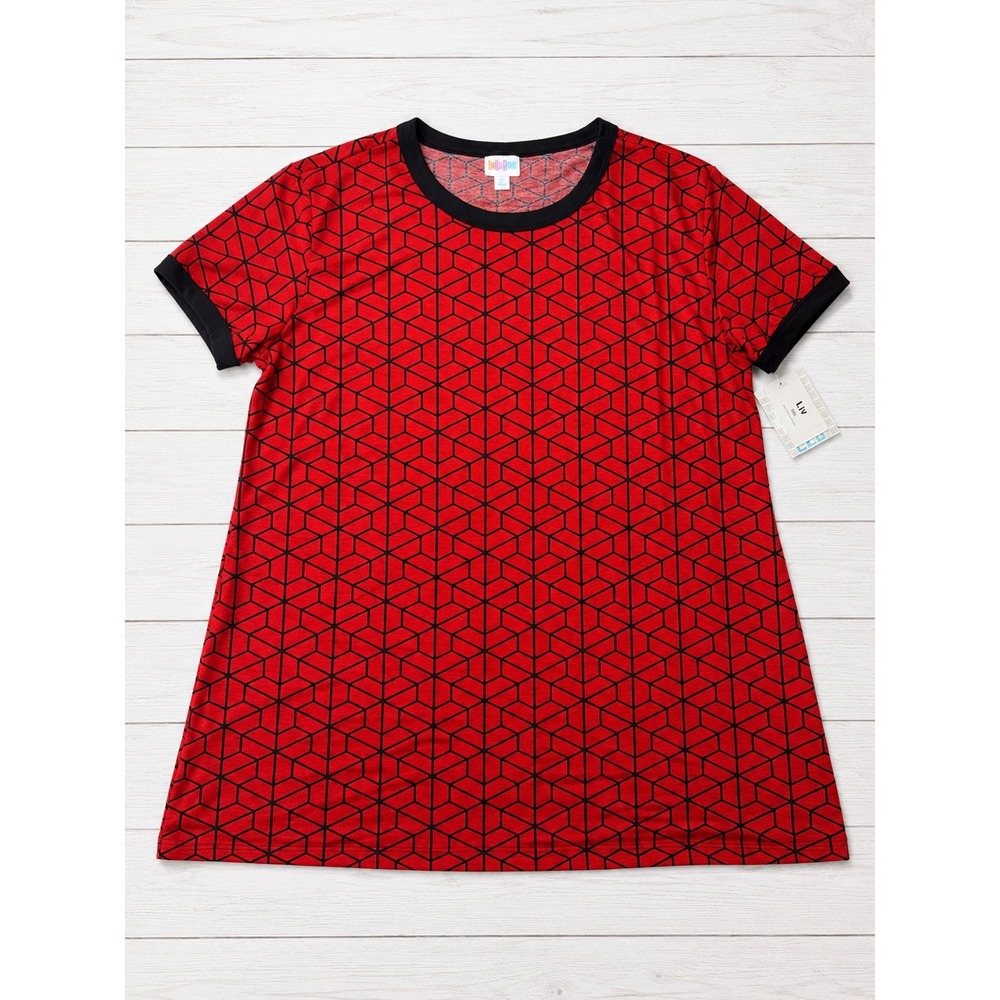 LuLaRoe Liv Tee Womens 2XL Red Black Geometric Honeycomb Ringer Short Sleeve NEW